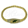 Oro Laminado Fancy Bracelet, Gold Filled Style San Judas and Belt Buckle Design, with White Cubic Zirconia, Polished, Tricolor, 03.411.0080.08 (Thickness, 8 Inches Length)