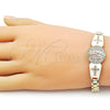 Oro Laminado Fancy Bracelet, Gold Filled Style Guadalupe and Cross Design, with White Cubic Zirconia, White Enamel Finish, Tricolor, 03.411.0081.08 (Thickness, 8 Inches Length)