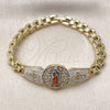 Oro Laminado Fancy Bracelet, Gold Filled Style Guadalupe and Cross Design, with White Cubic Zirconia, White Enamel Finish, Tricolor, 03.411.0081.08 (Thickness, 8 Inches Length)