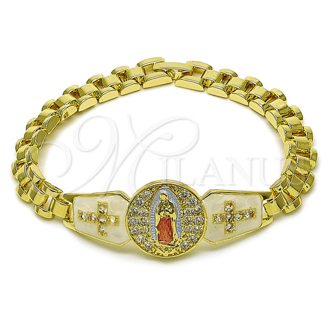 Oro Laminado Fancy Bracelet, Gold Filled Style Guadalupe and Cross Design, with White Cubic Zirconia, White Enamel Finish, Tricolor, 03.411.0081.08 (Thickness, 8 Inches Length)