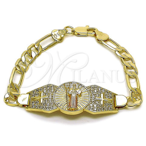 Oro Laminado Fancy Bracelet, Gold Filled Style San Benito and Figaro Design, with White Cubic Zirconia, Polished, Tricolor, 03.411.0082.07