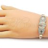 Oro Laminado Fancy Bracelet, Gold Filled Style San Benito and Figaro Design, with White Cubic Zirconia, Polished, Tricolor, 03.411.0082.07 (Thickness, 8 Inches Length)