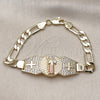 Oro Laminado Fancy Bracelet, Gold Filled Style San Benito and Figaro Design, with White Cubic Zirconia, Polished, Tricolor, 03.411.0082.07 (Thickness, 8 Inches Length)