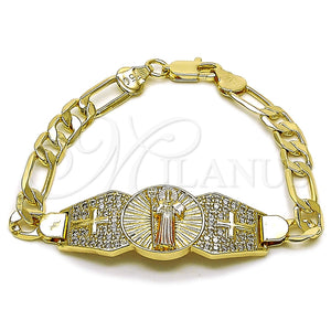 Oro Laminado Fancy Bracelet, Gold Filled Style San Benito and Figaro Design, with White Cubic Zirconia, Polished, Tricolor, 03.411.0082.07 (Thickness, 8 Inches Length)