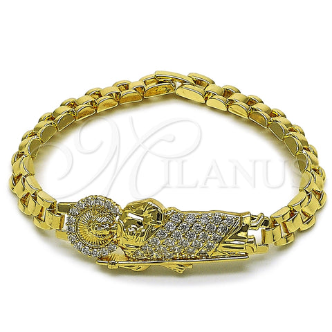 Oro Laminado Fancy Bracelet, Gold Filled Style San Judas and Belt Buckle Design, with White Cubic Zirconia, Polished, Golden Finish, 03.411.0083.07