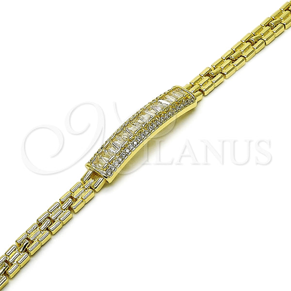 Oro Laminado Fancy Bracelet, Gold Filled Style Baguette and Cluster Design, with White Cubic Zirconia and White Micro Pave, Polished, Golden Finish, 03.411.0084.08