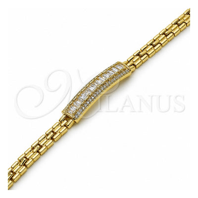 Oro Laminado Fancy Bracelet, Gold Filled Style Baguette and Cluster Design, with White Cubic Zirconia and White Micro Pave, Polished, Golden Finish, 03.411.0084.08 (Thickness, 8 Inches Length)