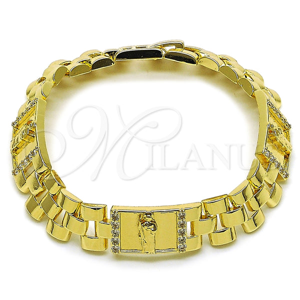 Oro Laminado Fancy Bracelet, Gold Filled Style San Judas and Belt Buckle Design, with White Cubic Zirconia, Polished, Golden Finish, 03.411.0085.08