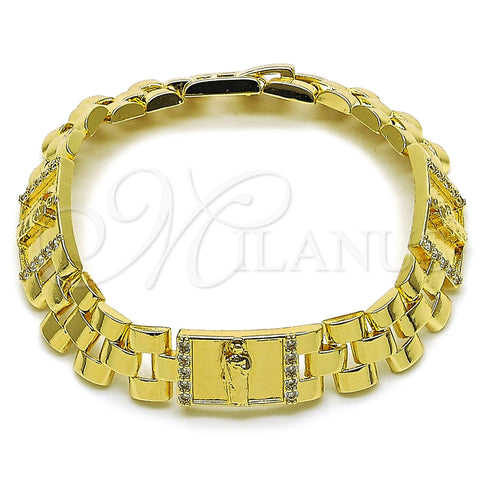 Oro Laminado Fancy Bracelet, Gold Filled Style San Judas and Belt Buckle Design, with White Cubic Zirconia, Polished, Golden Finish, 03.411.0085.08