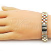 Oro Laminado Fancy Bracelet, Gold Filled Style San Judas and Belt Buckle Design, with White Cubic Zirconia, Polished, Golden Finish, 03.411.0085.08 (12 MM Thickness, 8 Inches Length)