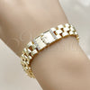 Oro Laminado Fancy Bracelet, Gold Filled Style San Judas and Belt Buckle Design, with White Cubic Zirconia, Polished, Golden Finish, 03.411.0085.08 (12 MM Thickness, 8 Inches Length)