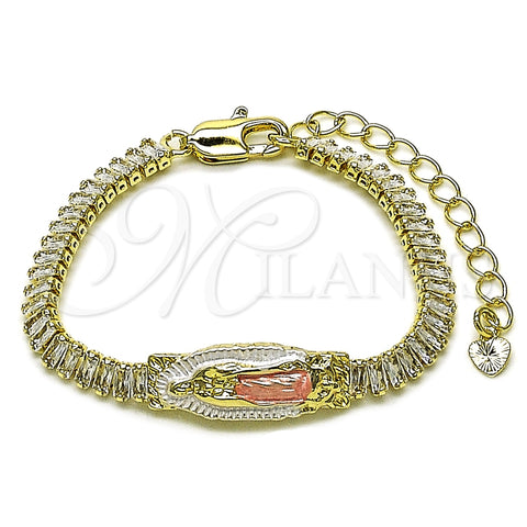 Oro Laminado Fancy Bracelet, Gold Filled Style Guadalupe and Baguette Design, with White Cubic Zirconia, Polished, Tricolor, 03.411.0087.06