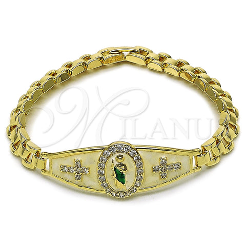 Oro Laminado Fancy Bracelet, Gold Filled Style San Judas and Belt Buckle Design, with White Cubic Zirconia, White Enamel Finish, Tricolor, 03.411.0088.07
