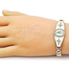 Oro Laminado Fancy Bracelet, Gold Filled Style San Judas and Belt Buckle Design, with White Cubic Zirconia, White Enamel Finish, Tricolor, 03.411.0088.07 (Thickness, 8 Inches Length)