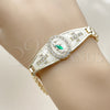 Oro Laminado Fancy Bracelet, Gold Filled Style San Judas and Belt Buckle Design, with White Cubic Zirconia, White Enamel Finish, Tricolor, 03.411.0088.07 (Thickness, 8 Inches Length)