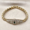 Oro Laminado Fancy Bracelet, Gold Filled Style San Judas and Belt Buckle Design, with White Cubic Zirconia, White Enamel Finish, Tricolor, 03.411.0088.07 (Thickness, 8 Inches Length)