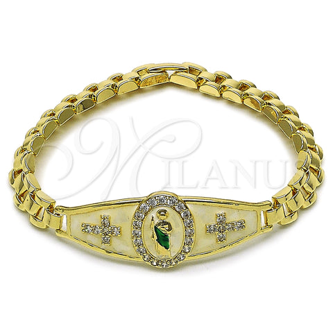 Oro Laminado Fancy Bracelet, Gold Filled Style San Judas and Belt Buckle Design, with White Cubic Zirconia, White Enamel Finish, Tricolor, 03.411.0088.07 (Thickness, 8 Inches Length)