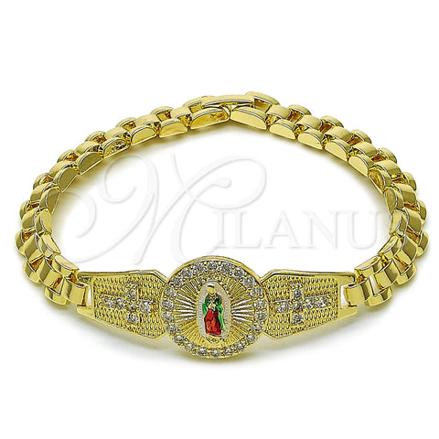 Oro Laminado Solid Bracelet, Gold Filled Style Guadalupe and Cross Design, with White Cubic Zirconia, Polished, Tricolor, 03.411.0008.2.08
