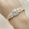 Oro Laminado Solid Bracelet, Gold Filled Style Guadalupe and Cross Design, with White Cubic Zirconia, Polished, Tricolor, 03.411.0008.2.08 (08 MM Thickness, 8 Inches Length)