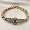 Oro Laminado Solid Bracelet, Gold Filled Style Guadalupe and Cross Design, with White Cubic Zirconia, Polished, Tricolor, 03.411.0008.2.08 (08 MM Thickness, 8 Inches Length)