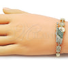 Oro Laminado Fancy Bracelet, Gold Filled Style San Judas and Flower Design, with Green and White Cubic Zirconia, Polished, Golden Finish, 03.411.0089.08