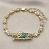 Oro Laminado Fancy Bracelet, Gold Filled Style San Judas and Flower Design, with Green and White Cubic Zirconia, Polished, Golden Finish, 03.411.0089.08