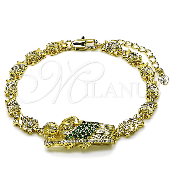 Oro Laminado Fancy Bracelet, Gold Filled Style San Judas and Flower Design, with Green and White Cubic Zirconia, Polished, Golden Finish, 03.411.0089.08