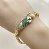Oro Laminado Fancy Bracelet, Gold Filled Style San Judas and Flower Design, with Green and White Cubic Zirconia, Polished, Golden Finish, 03.411.0089.08 (Thickness, 8 Inches Length)