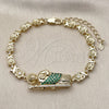 Oro Laminado Fancy Bracelet, Gold Filled Style San Judas and Flower Design, with Green and White Cubic Zirconia, Polished, Golden Finish, 03.411.0089.08 (Thickness, 8 Inches Length)