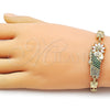 Oro Laminado Fancy Bracelet, Gold Filled Style San Judas and Flower Design, with Green and White Cubic Zirconia, Polished, Golden Finish, 03.411.0090.08