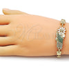 Oro Laminado Fancy Bracelet, Gold Filled Style San Judas and Flower Design, with Green and White Cubic Zirconia, Polished, Golden Finish, 03.411.0090.08 (Thickness, 8 Inches Length)