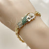 Oro Laminado Fancy Bracelet, Gold Filled Style San Judas and Flower Design, with Green and White Cubic Zirconia, Polished, Golden Finish, 03.411.0090.08 (Thickness, 8 Inches Length)