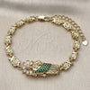 Oro Laminado Fancy Bracelet, Gold Filled Style San Judas and Flower Design, with Green and White Cubic Zirconia, Polished, Golden Finish, 03.411.0090.08 (Thickness, 8 Inches Length)