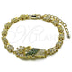 Oro Laminado Fancy Bracelet, Gold Filled Style San Judas and Flower Design, with Green and White Cubic Zirconia, Polished, Golden Finish, 03.411.0090.08 (Thickness, 8 Inches Length)