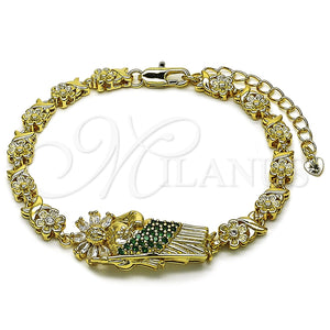 Oro Laminado Fancy Bracelet, Gold Filled Style San Judas and Flower Design, with Green and White Cubic Zirconia, Polished, Golden Finish, 03.411.0090.08 (Thickness, 8 Inches Length)