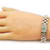 Oro Laminado Fancy Bracelet, Gold Filled Style San Judas and Belt Buckle Design, with White Cubic Zirconia, Polished, Tricolor, 03.411.0091.08 (Thickness, 8 Inches Length)