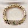 Oro Laminado Fancy Bracelet, Gold Filled Style San Judas and Belt Buckle Design, with White Cubic Zirconia, Polished, Tricolor, 03.411.0091.08 (Thickness, 8 Inches Length)