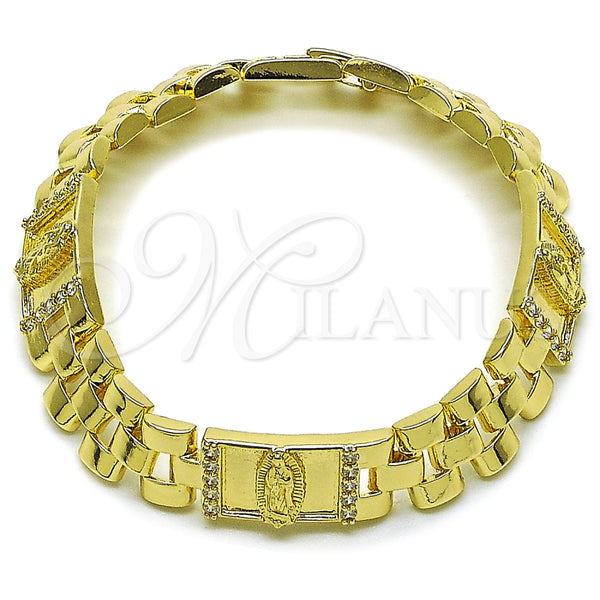 Oro Laminado Fancy Bracelet, Gold Filled Style Guadalupe and Belt Buckle Design, with White Cubic Zirconia, Polished, Golden Finish, 03.411.0092.08