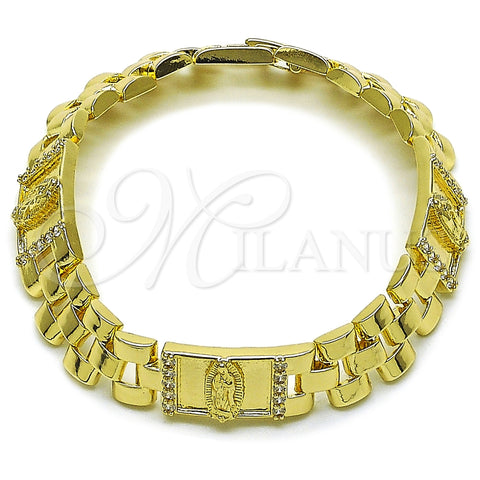 Oro Laminado Fancy Bracelet, Gold Filled Style Guadalupe and Belt Buckle Design, with White Cubic Zirconia, Polished, Golden Finish, 03.411.0092.08