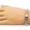 Oro Laminado Fancy Bracelet, Gold Filled Style Guadalupe and Belt Buckle Design, with White Cubic Zirconia, Polished, Golden Finish, 03.411.0092.08 (12 MM Thickness, 8 Inches Length)