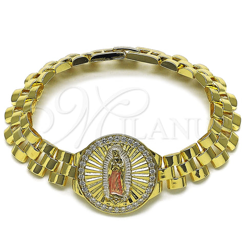 Oro Laminado Fancy Bracelet, Gold Filled Style Guadalupe and Belt Buckle Design, with White Cubic Zirconia, Diamond Cutting Finish, Tricolor, 03.411.0093.08