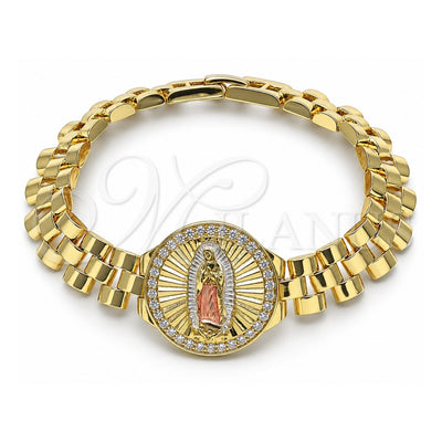 Oro Laminado Fancy Bracelet, Gold Filled Style Guadalupe and Belt Buckle Design, with White Cubic Zirconia, Diamond Cutting Finish, Tricolor, 03.411.0093.08 (12 MM Thickness, 8 Inches Length)
