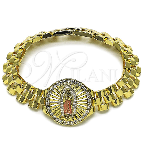 Oro Laminado Fancy Bracelet, Gold Filled Style Guadalupe and Belt Buckle Design, with White Cubic Zirconia, Diamond Cutting Finish, Tricolor, 03.411.0093.08 (12 MM Thickness, 8 Inches Length)