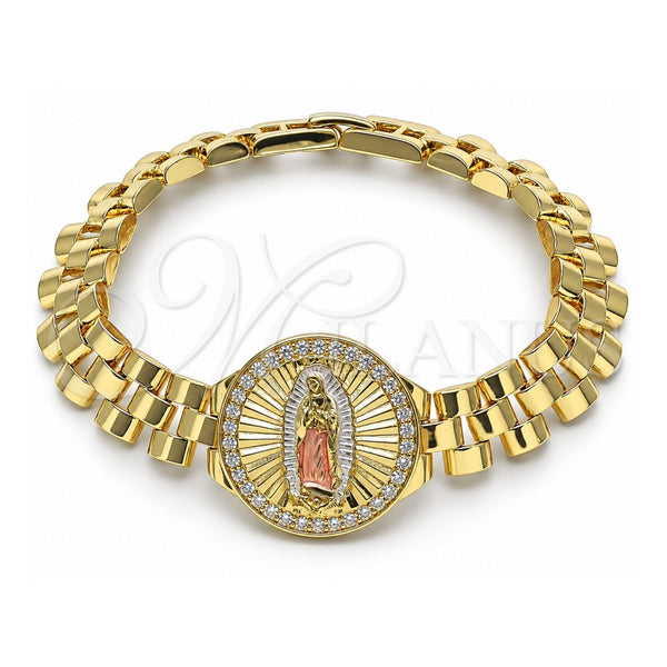 Oro Laminado Fancy Bracelet, Gold Filled Style Guadalupe and Belt Buckle Design, with White Cubic Zirconia, Diamond Cutting Finish, Tricolor, 03.411.0093.08 (12 MM Thickness, 8 Inches Length)