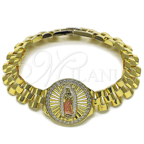 Oro Laminado Fancy Bracelet, Gold Filled Style Guadalupe and Belt Buckle Design, with White Cubic Zirconia, Diamond Cutting Finish, Tricolor, 03.411.0093.08 (12 MM Thickness, 8 Inches Length)