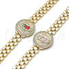 Oro Laminado Fancy Bracelet, Gold Filled Style Guadalupe and Belt Buckle Design, with White Cubic Zirconia, Diamond Cutting Finish, Tricolor, 03.411.0093.08 (12 MM Thickness, 8 Inches Length)