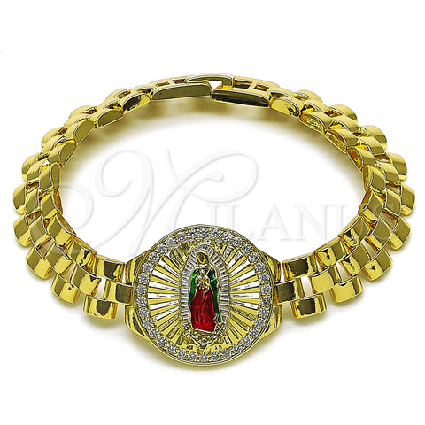 Oro Laminado Fancy Bracelet, Gold Filled Style Guadalupe and Belt Buckle Design, with White Cubic Zirconia, Diamond Cutting Finish, Tricolor, 03.411.0093.1.08