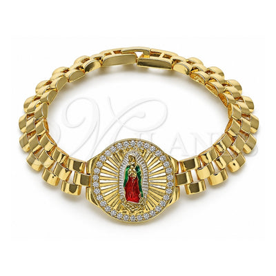 Oro Laminado Fancy Bracelet, Gold Filled Style Guadalupe and Belt Buckle Design, with White Cubic Zirconia, Diamond Cutting Finish, Tricolor, 03.411.0093.1.08 (12 MM Thickness, 8 Inches Length)