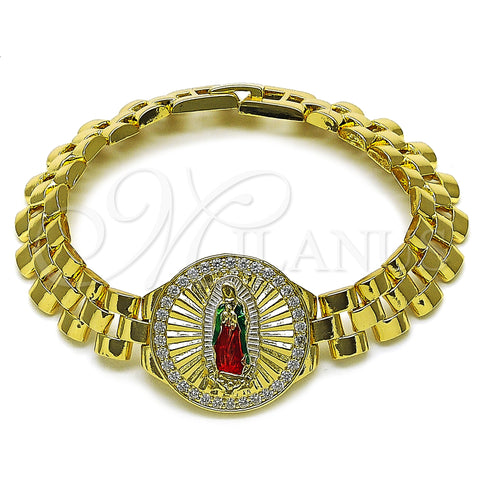 Oro Laminado Fancy Bracelet, Gold Filled Style Guadalupe and Belt Buckle Design, with White Cubic Zirconia, Diamond Cutting Finish, Tricolor, 03.411.0093.1.08 (12 MM Thickness, 8 Inches Length)