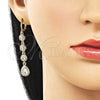 Oro Laminado Long Earring, Gold Filled Style Teardrop and Cluster Design, with White Cubic Zirconia, Polished, Golden Finish, 02.323.0111